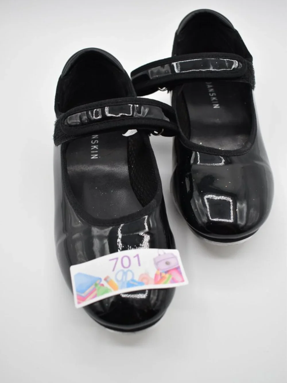 Danskin Girls Black Patent Tap Dance Shoes Size 1 Mary Jane Metal Toe Heel Taps